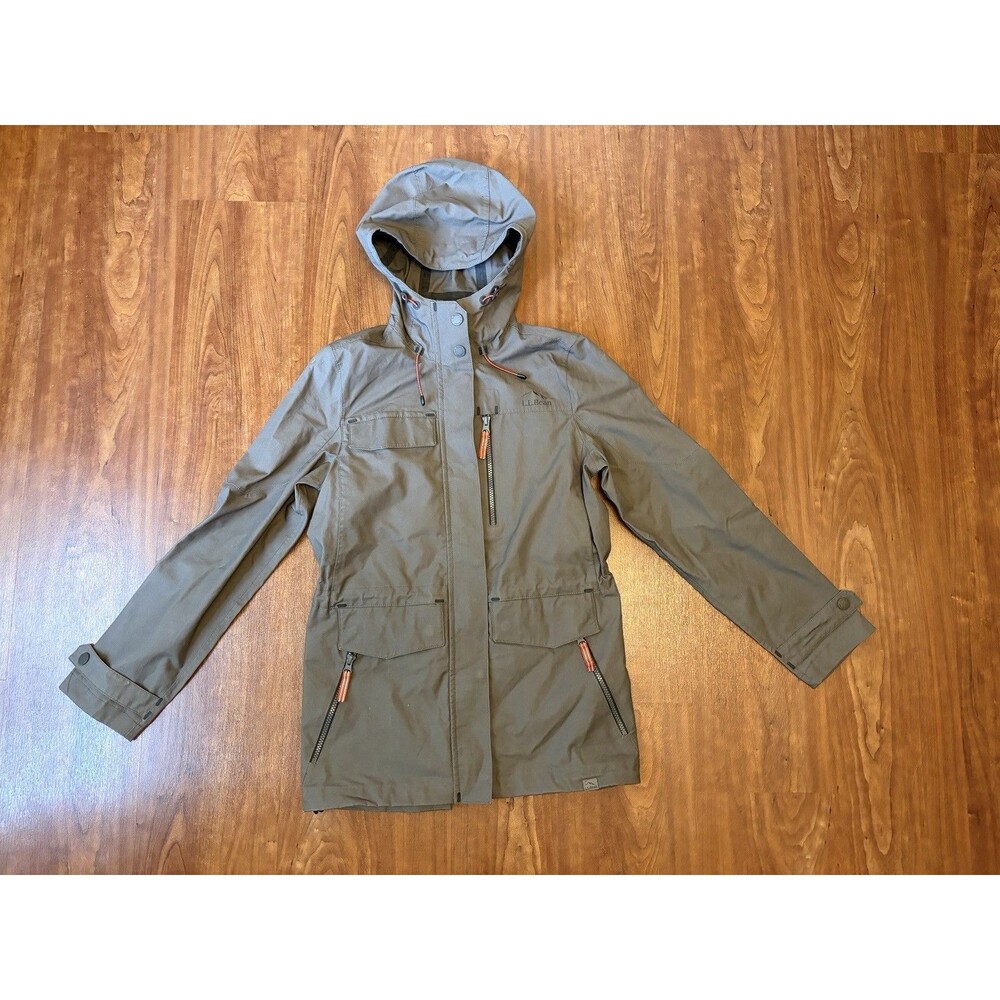LLBean Womens XXS Gray Hooded Utility Jacket Drawstring Waist Snap Buttons